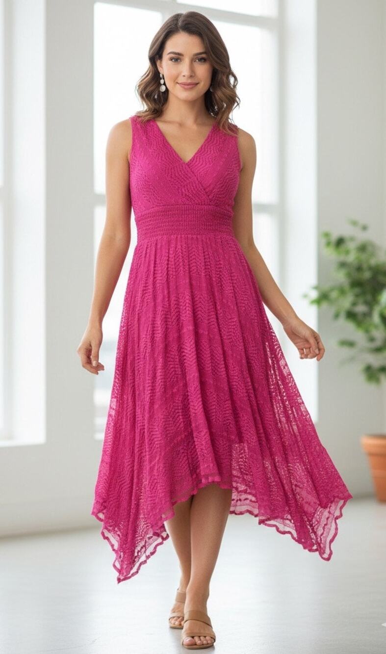 Stunning Fuschia/Pink Lace Smocked Waist Hanky Hem Midi Dress